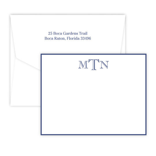 Triple Thick Block Monogram Border Flat Note Cards - Raised Ink